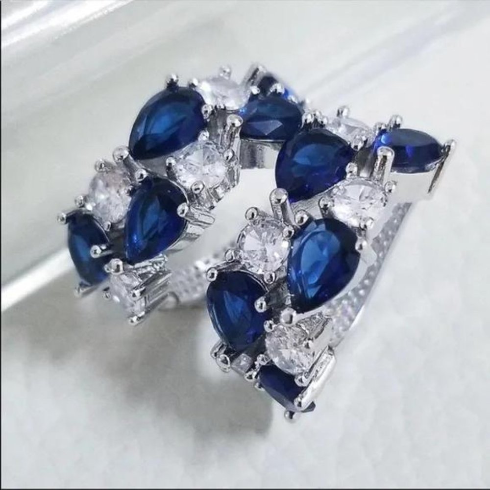 LUXURY BLUE 925 STERLING SILVER DIAMOND EARRINGS, WOW EARRINGS, CUTE EARRINGS. - Picture 2 of 3